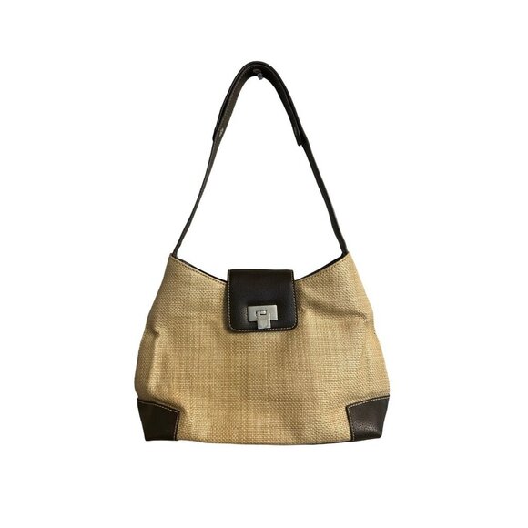Liz Claiborne Handbags - Liz Claiborne Beige & Brown Straw & Leather Shoulder Bag 12"